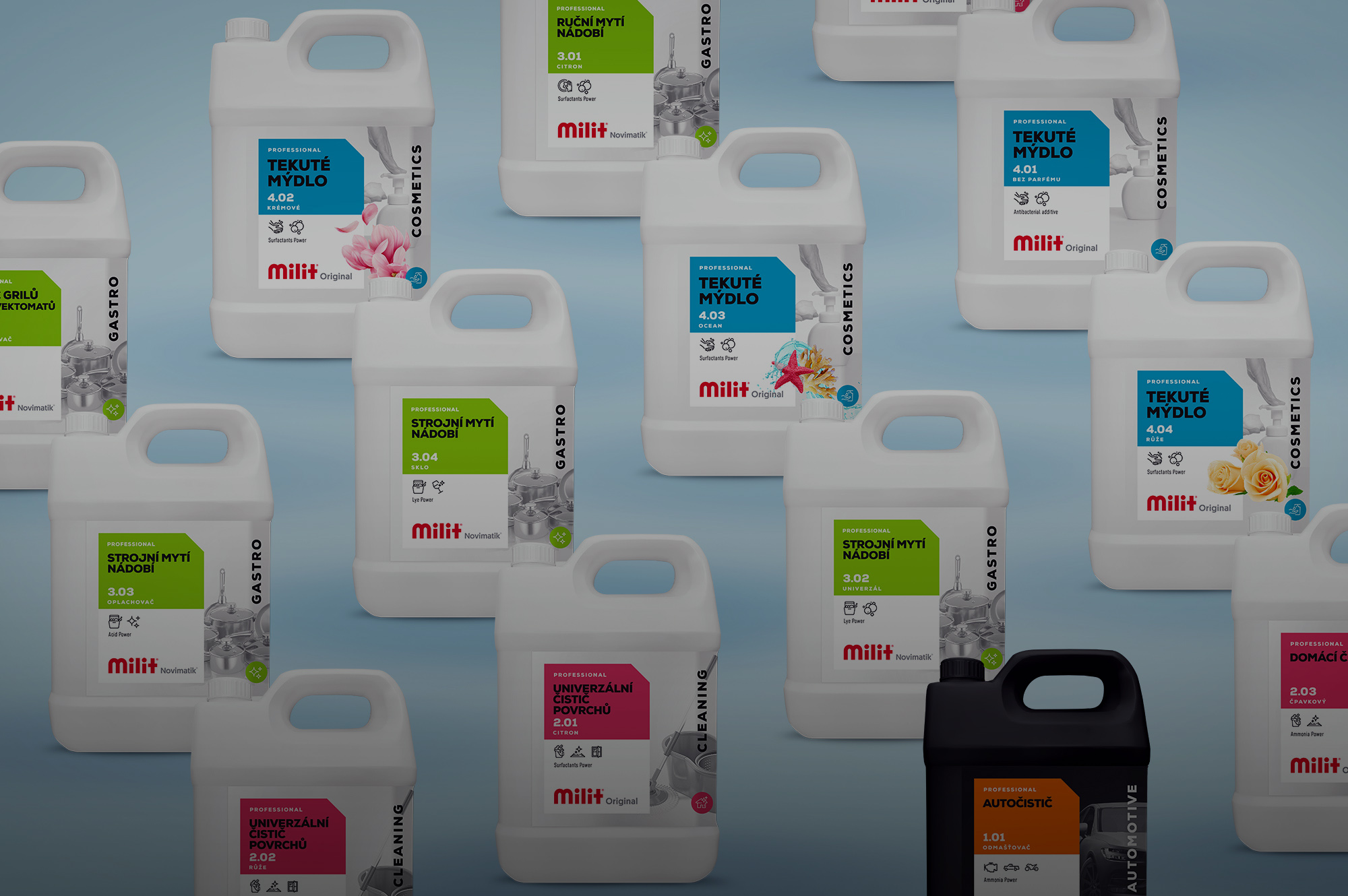 Milit cleaning liquid products canisters labels packaging