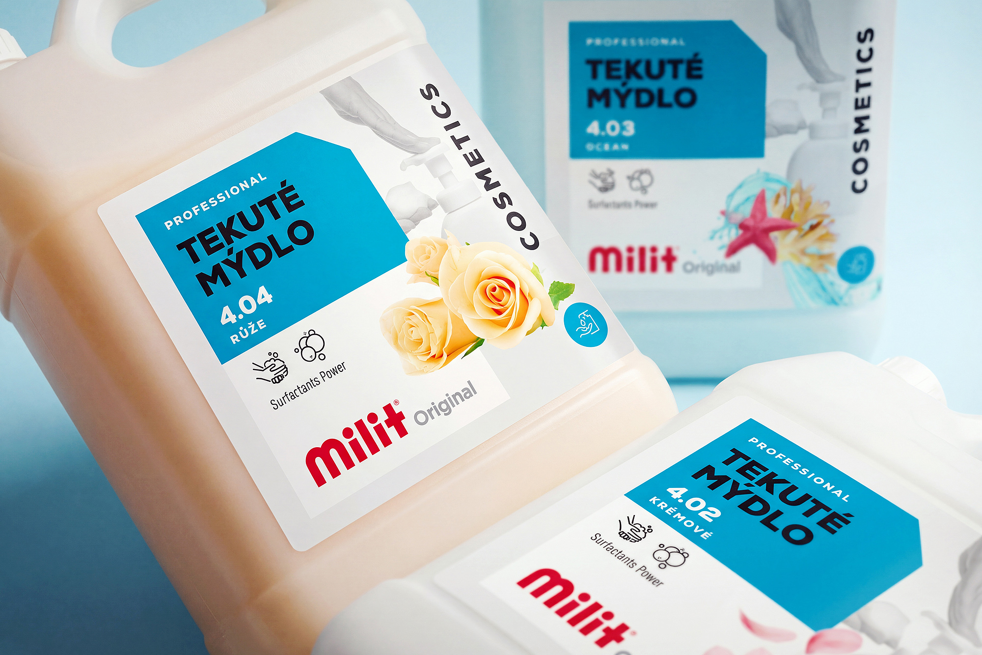 Milit cleaning liquid products canisters labels packaging