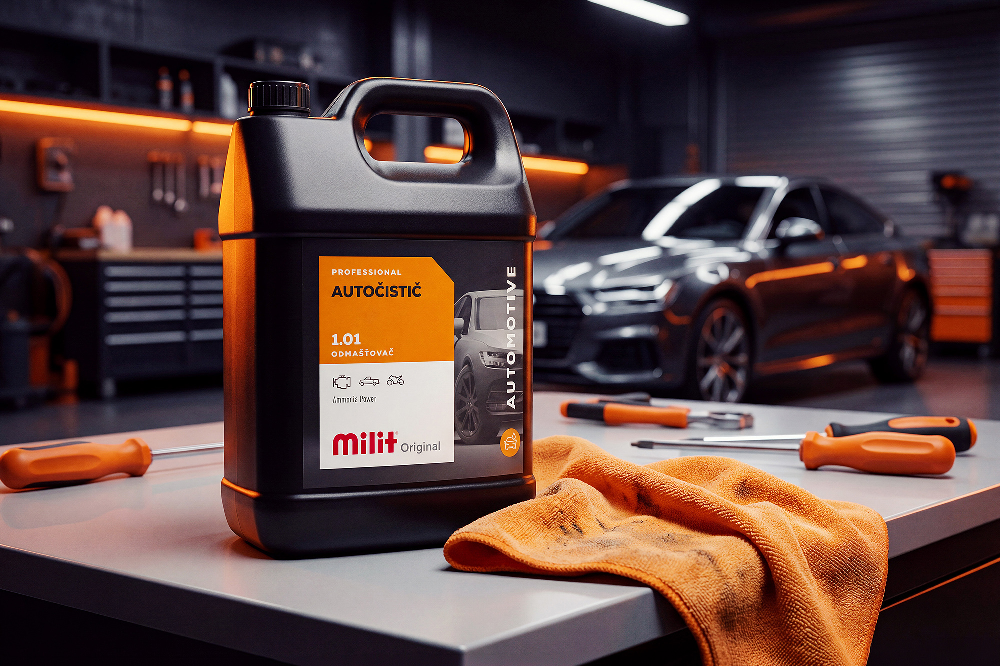 Milit cleaning liquid products canisters labels packaging