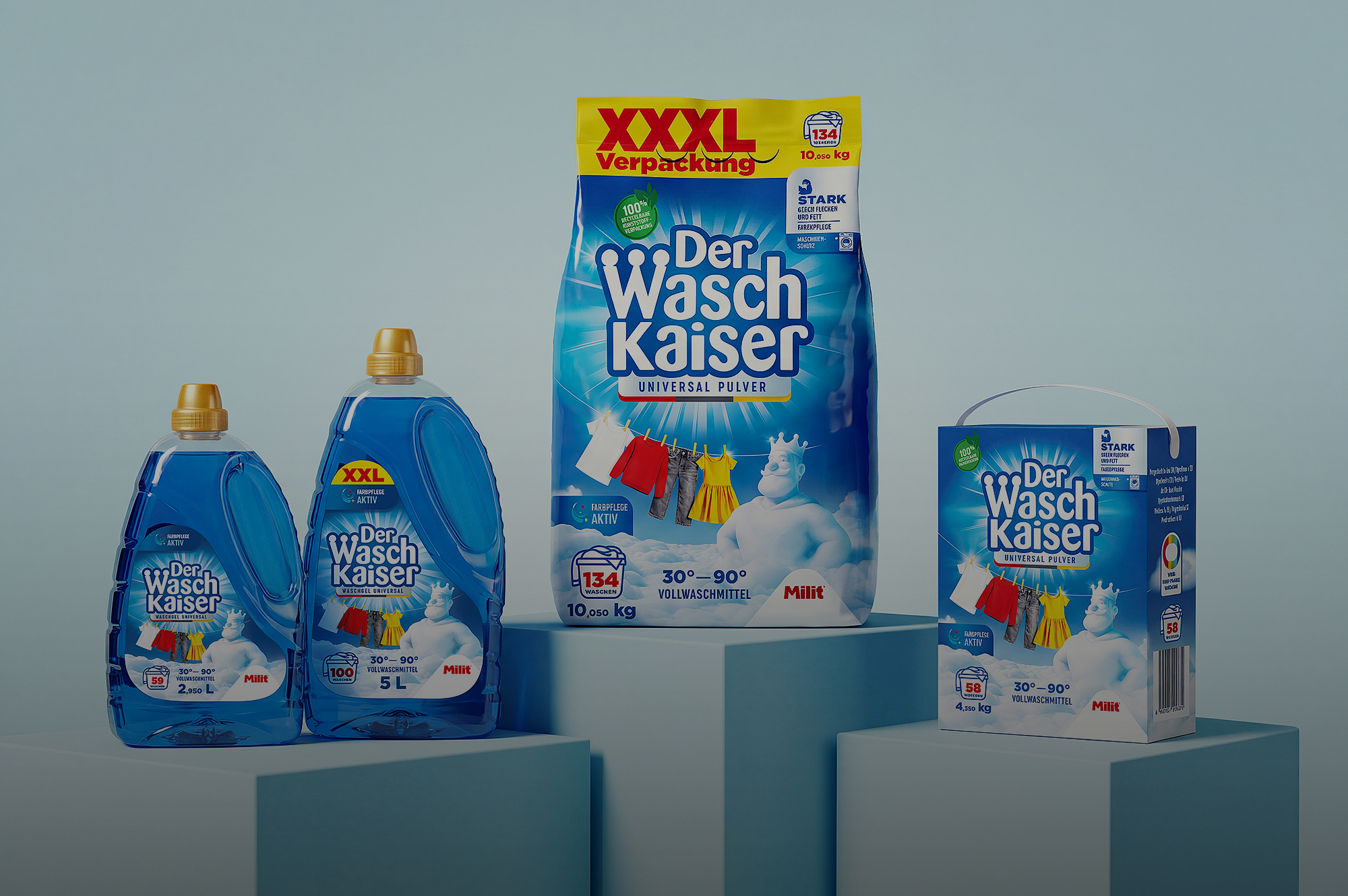 Branding a packaging design pracích práškov a gélov DerWaschKeiser pre nemecký trh