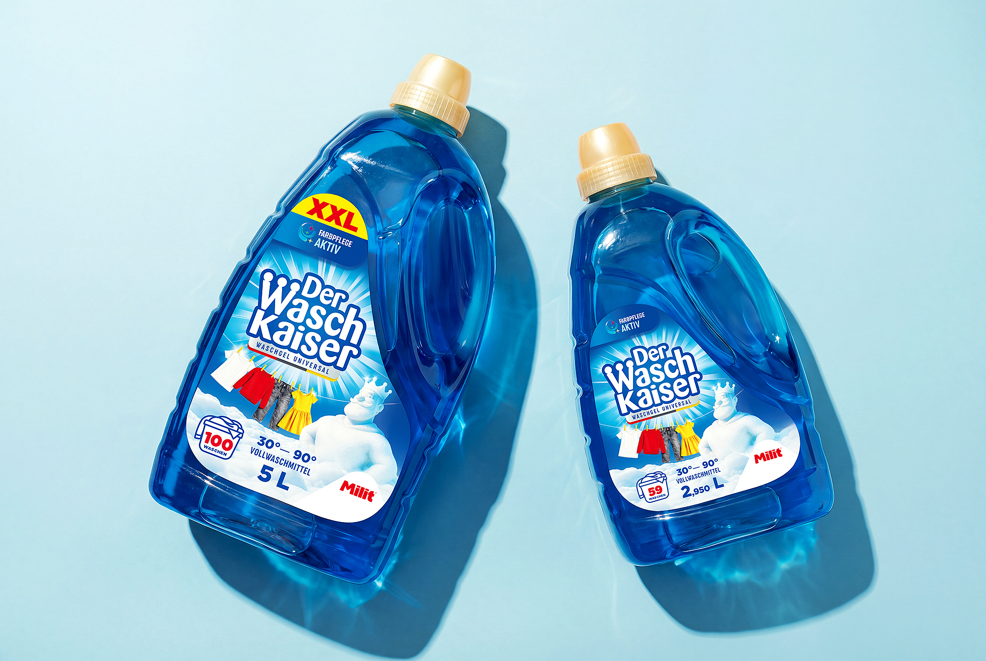 Branding a packaging design pracích práškov a gélov DerWaschKeiser pre nemecký trh