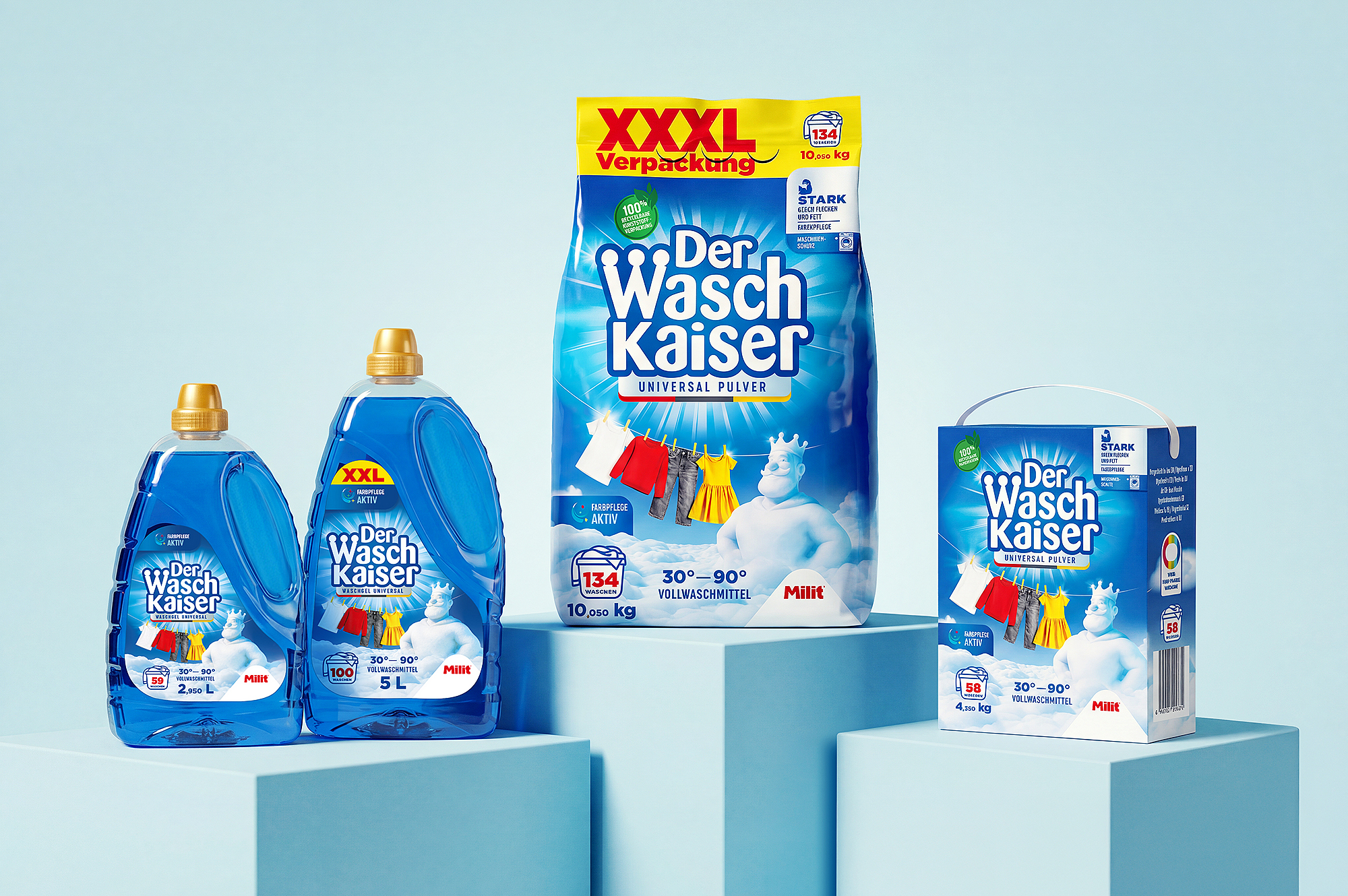 Branding a packaging design pracích práškov a gélov DerWaschKeiser pre nemecký trh