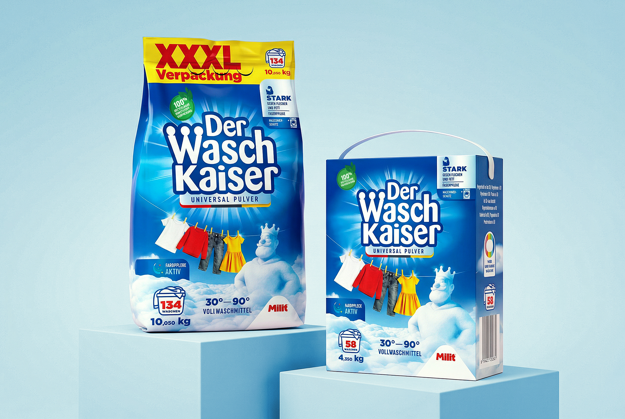 Branding a packaging design pracích práškov a gélov DerWaschKeiser pre nemecký trh