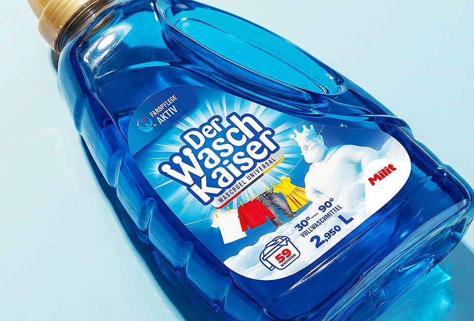 Branding en packagingdesign van waspoeders en gels DerWaschKeiser voor de Duitse markt