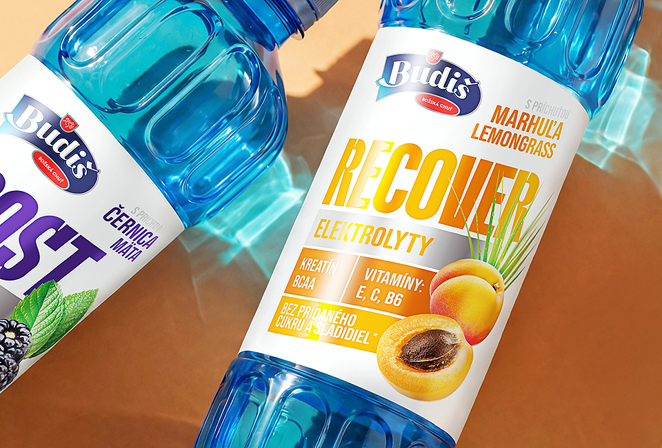 Packagingdesign voor Budiš functionele waters.